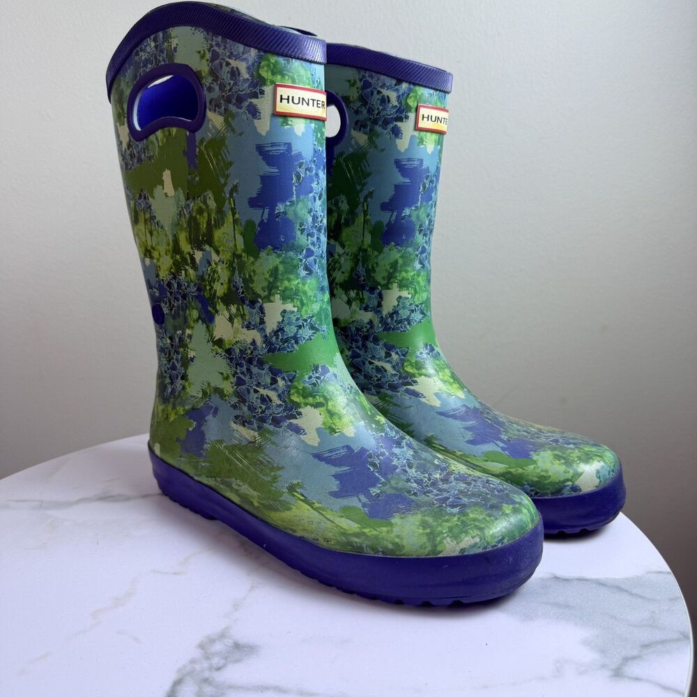 Hunter Blue Green Floral Kids Abstract Waterproof Rainboots Youth Size 5